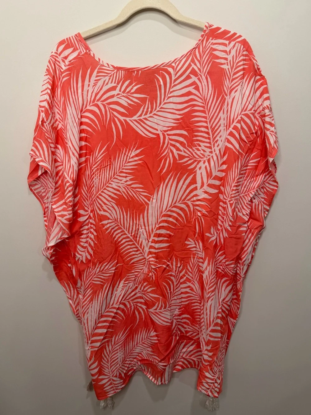 Cleobella Coral White Palm Print Tassel Drawstring Kaftan Cover Up One Size